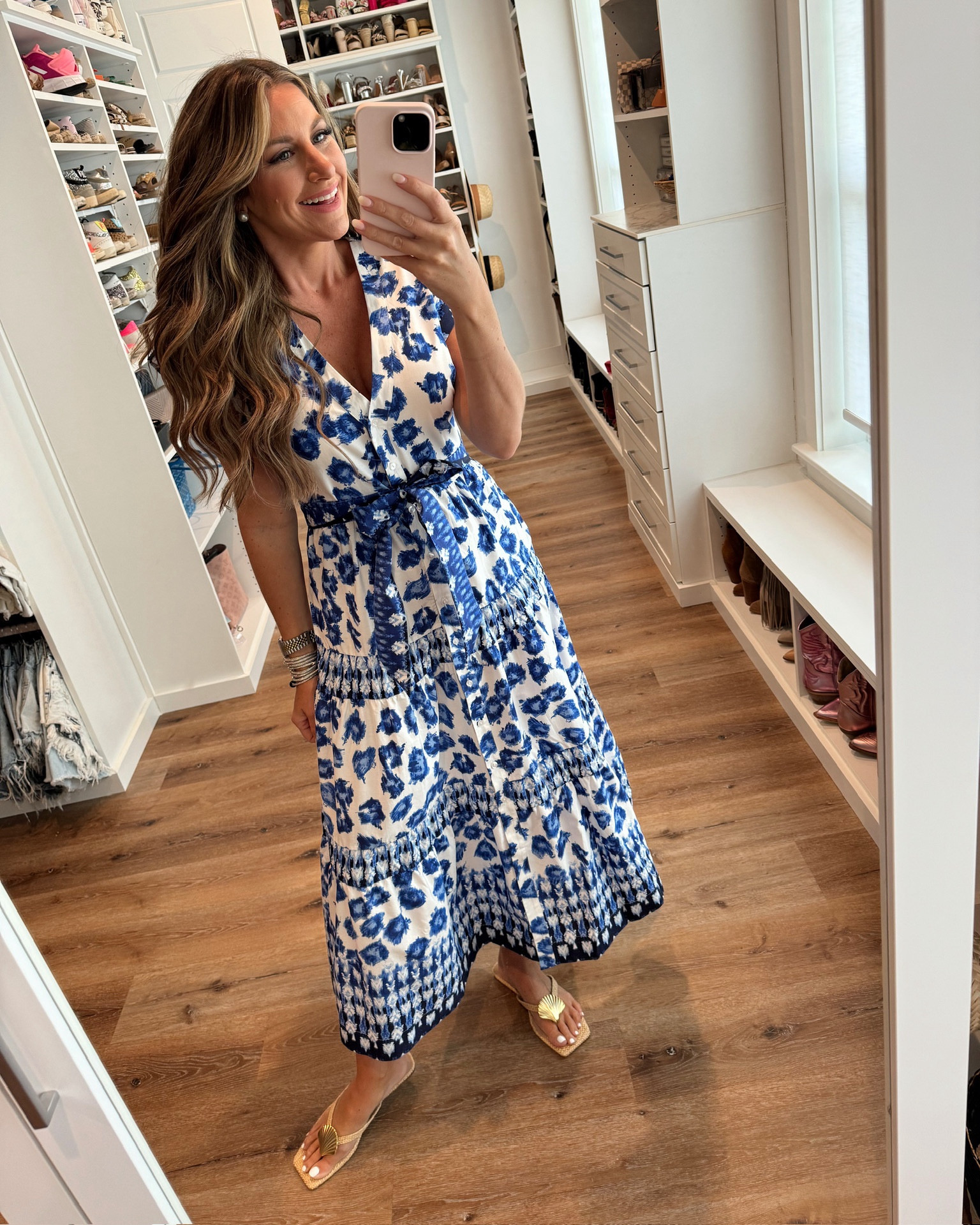 In a small belted blue white maxi dress from Abercrombie- fits TTS.

#LTKSeasonal #LTKShoeCrush #LTKStyleTip