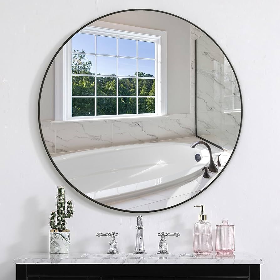 Round Wall Mirror 30 Inches, Large Circle Mirrors with Black Wood Frame for Bathroom, Entryway, D... | Amazon (US)