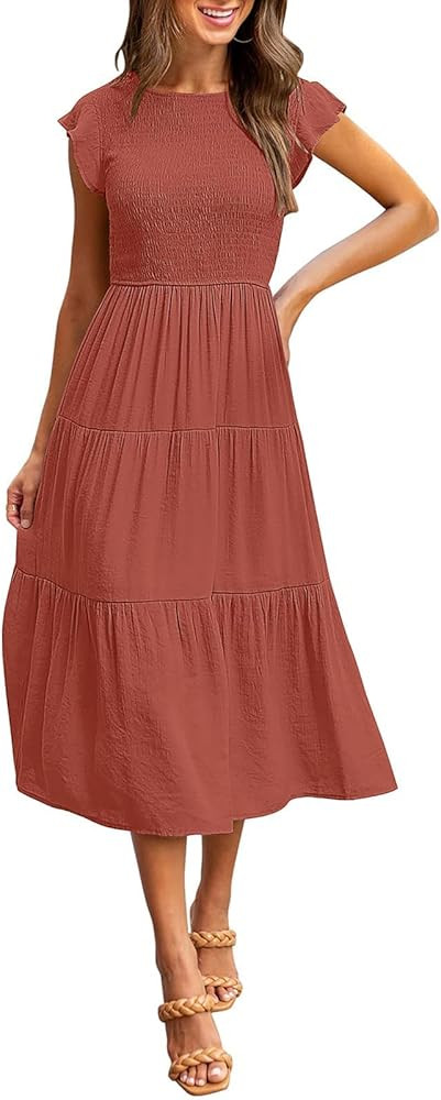 MEROKEETY Women's Flutter Short Sleeve Smocked Midi Dress Summer Casual Tiered A-Line Dress | Amazon (US)