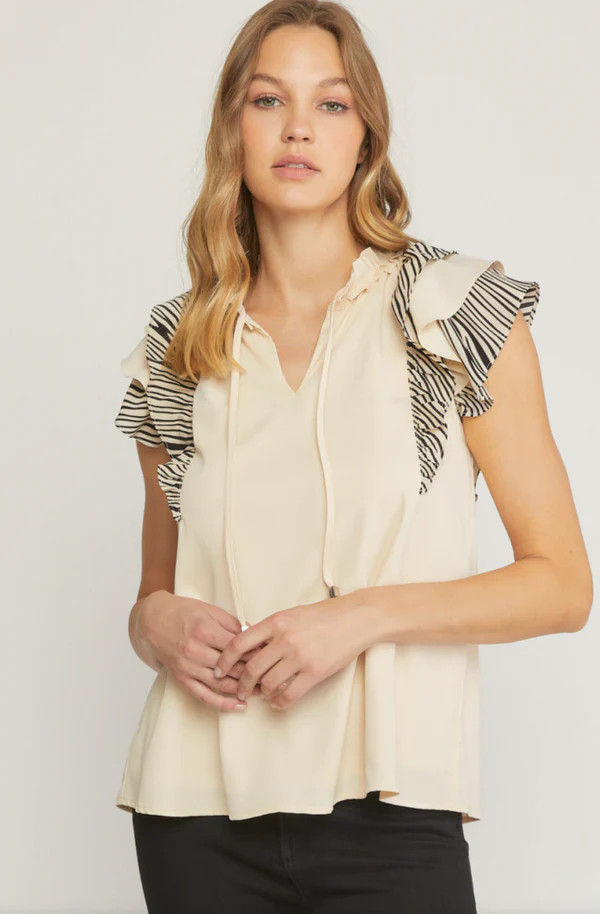 FAYE RUFFLED SLEEVE TOP IN ECRU | Indigeaux Denim Bar & Boutique