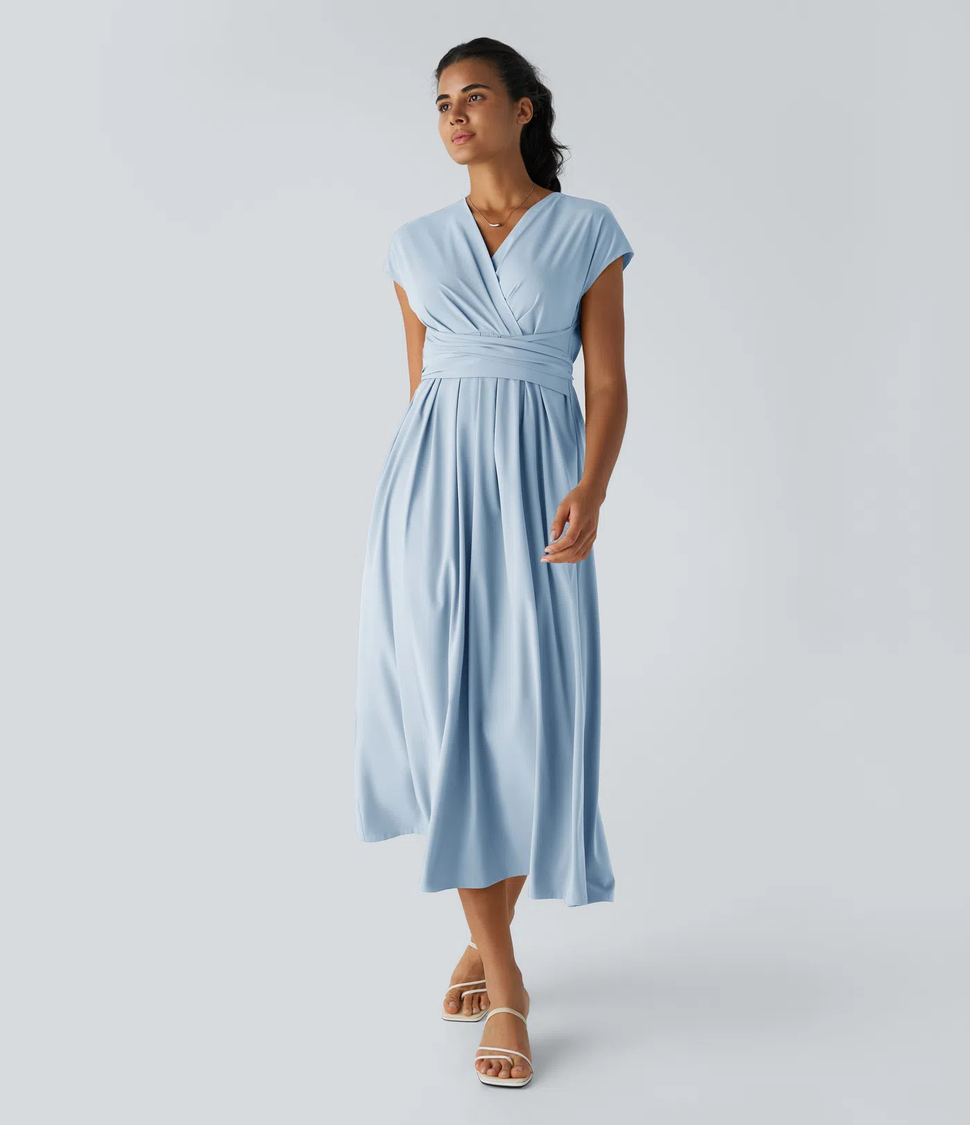 Breezeful™ V Neck Short Sleeve Pocket Tie Back Quick Dry Midi Casual Dress-Longer Length | HALARA