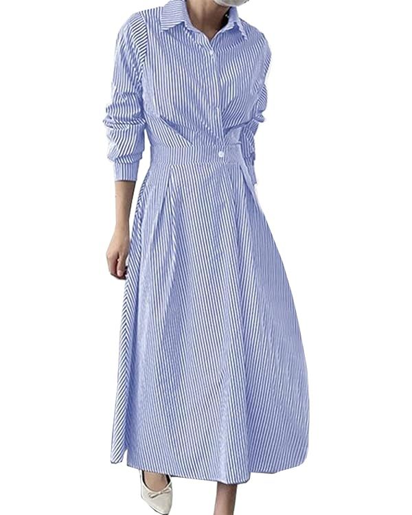 Ladyful Striped Shirt Dress for Womens Casual Long Sleeve Elegant Maxi Dress | Amazon (US)