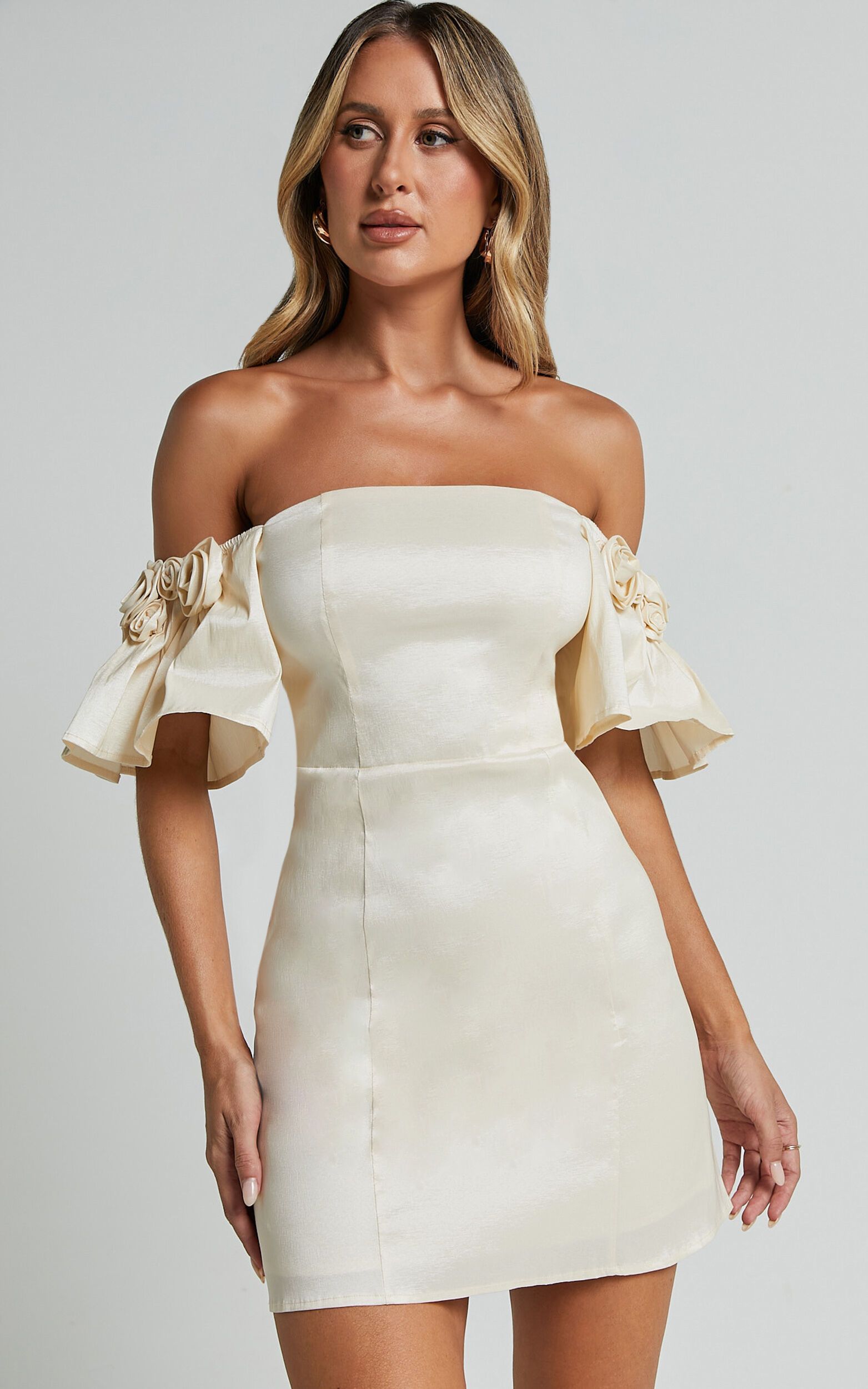 Shauna Mini Dress - Off Shoulder Rosette Detail A Line in Oyster | Showpo (US, UK & Europe)