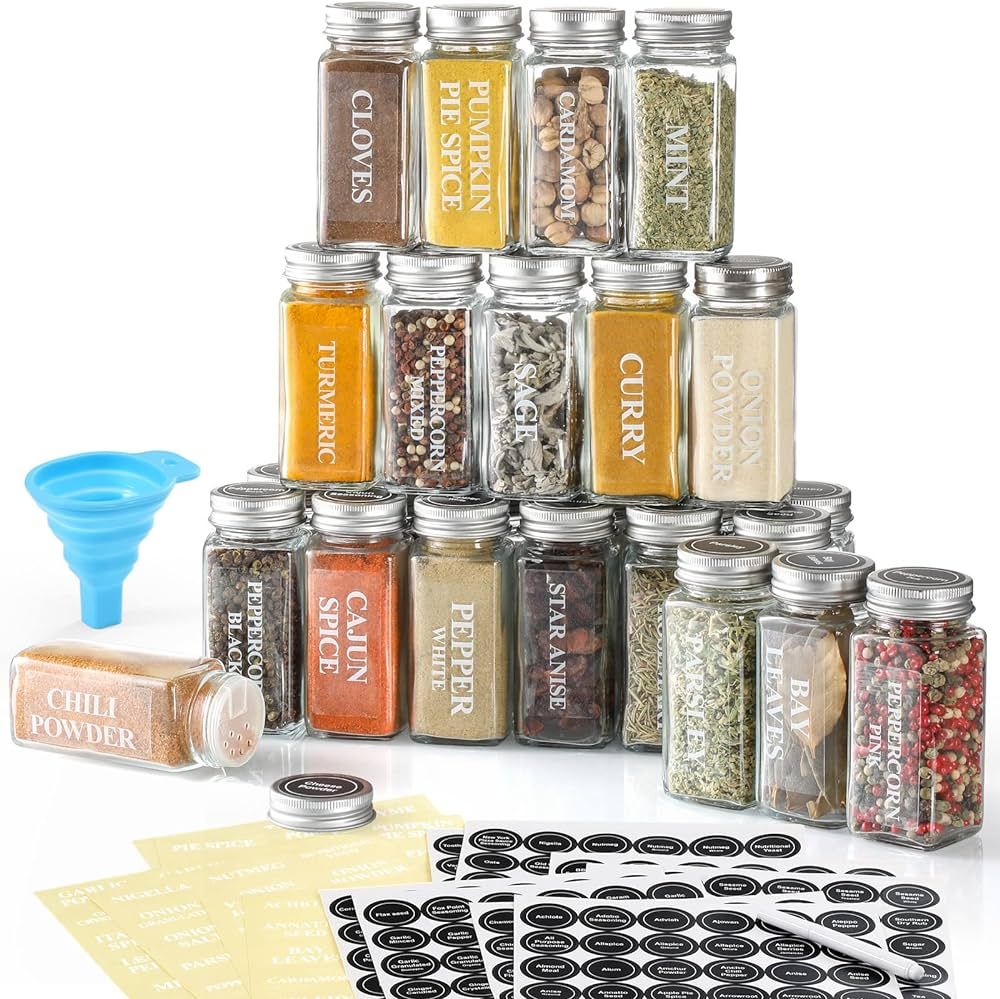 AOZITA 24 Pcs Glass Spice Jars with Labels - 4oz Empty Square Spice Bottles Containers, Condiment... | Amazon (US)