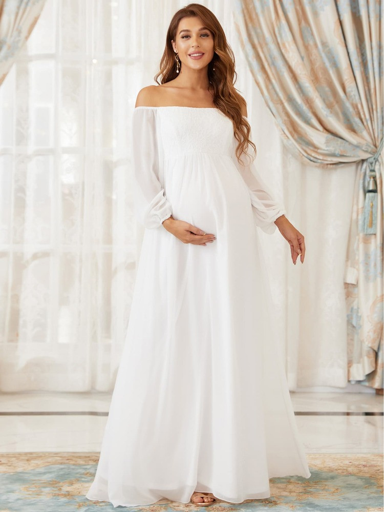 EVER-PRETTY Maternity Contrast Lace Off Shoulder Chiffon Dress | SHEIN