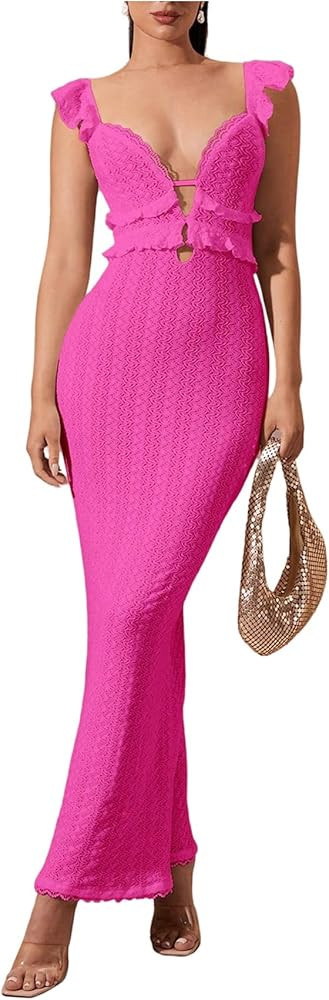 SOLY HUX Women's Maxi Dress Crochet Ruffle Sleeveless Backless Bodycon Long Dresses | Amazon (US)