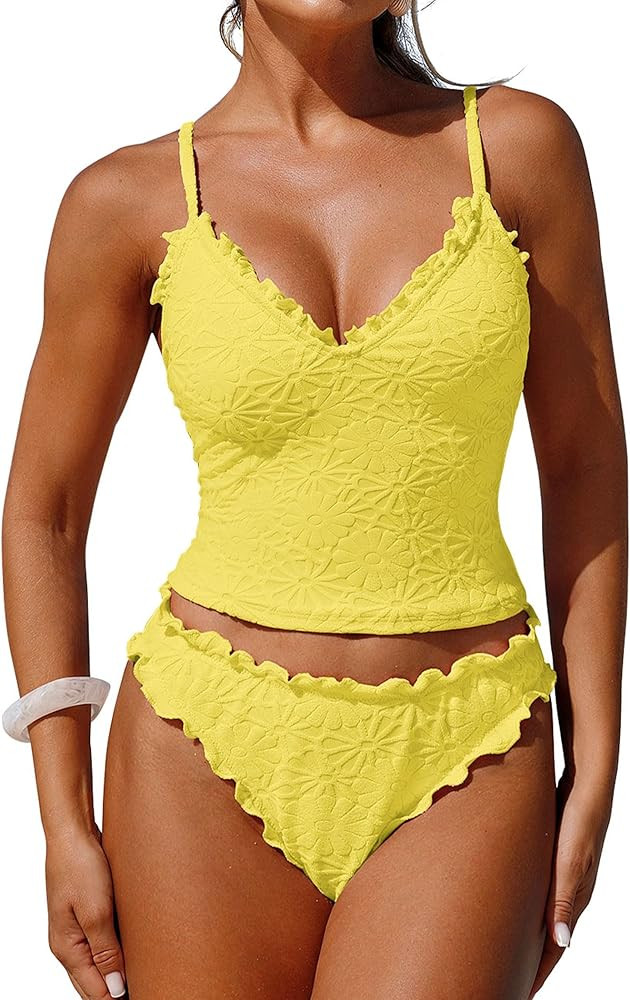 ZAFUL Tankini Swimsuits for Women Ruffle Trim Textured High Cut Tankini Set Two Piece Bathing Sui... | Amazon (US)