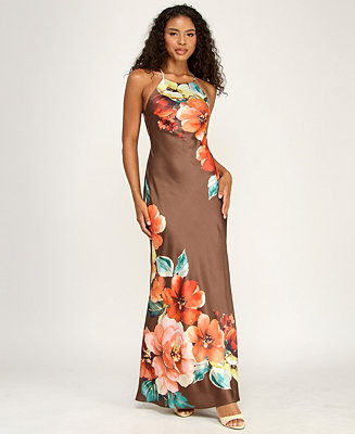 Juniors' Halter Neck Floral Satin Gown | Macy's