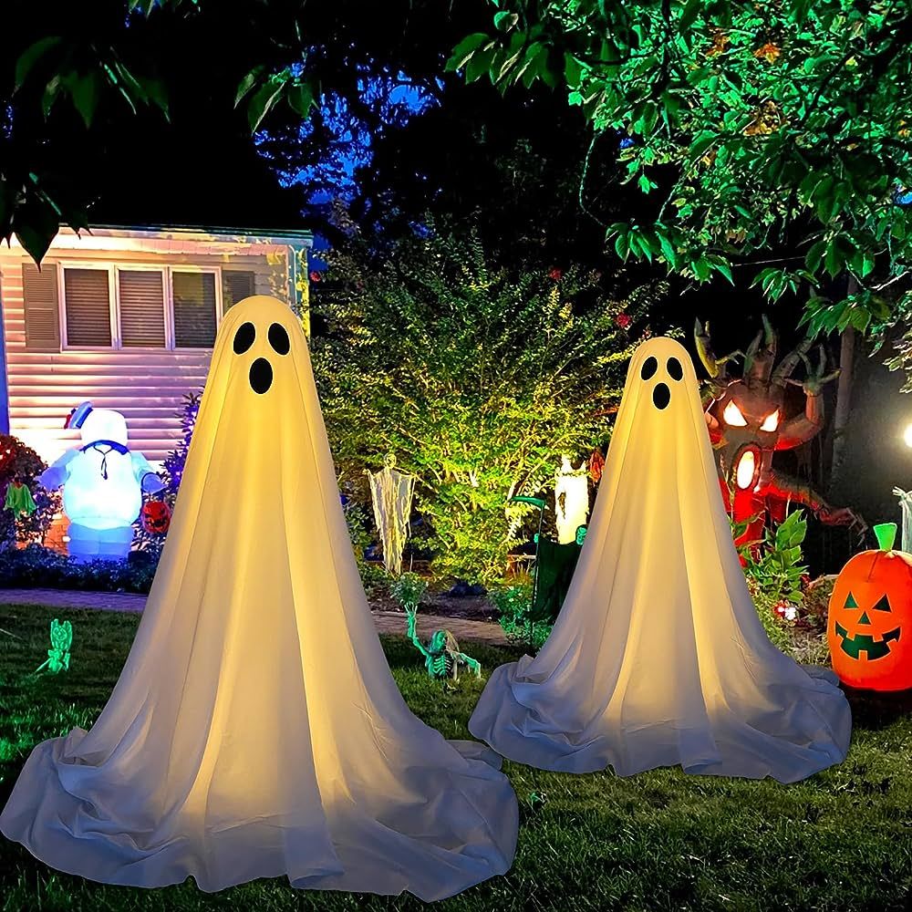 DAZONGE 2 Pack Halloween Decorations Outdoor, Spooky Ghost Halloween Decor with Light Strings Bat... | Amazon (US)