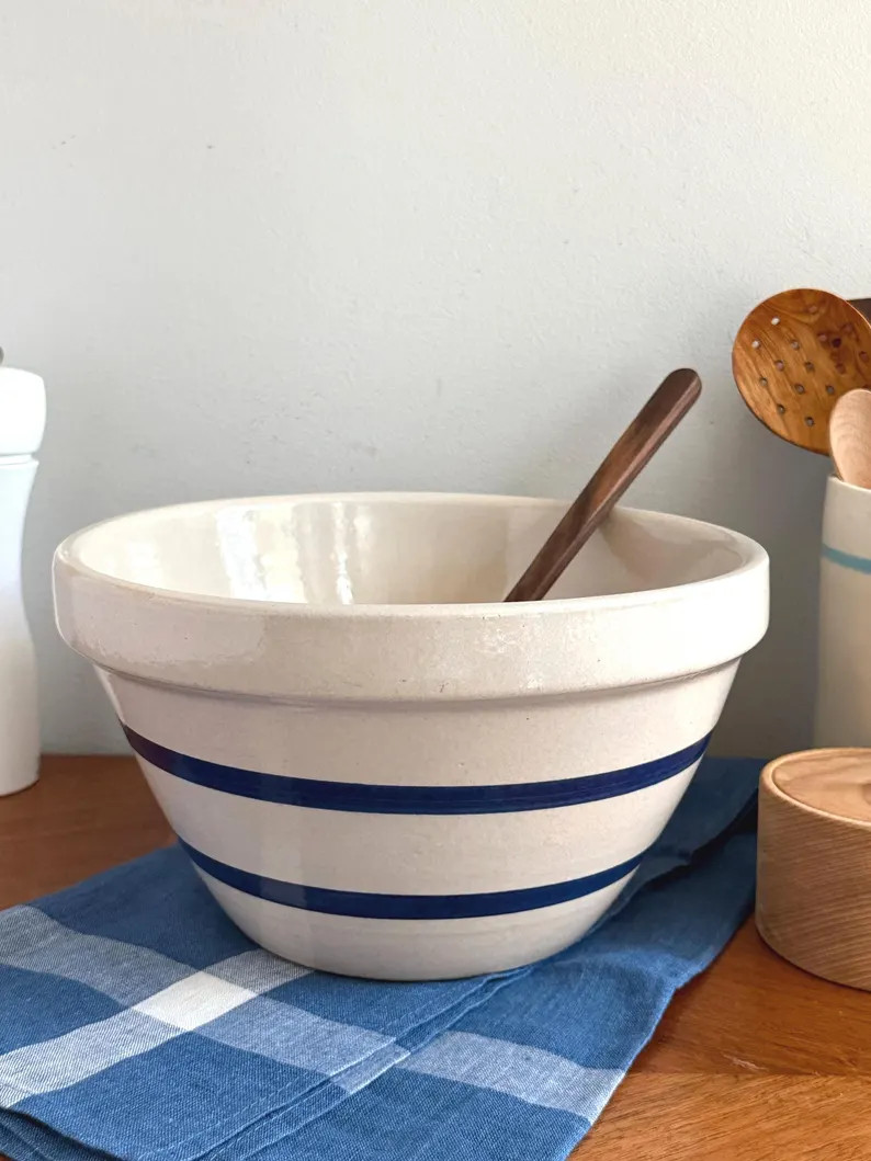 Vintage Robinson Ransbottom 10" Blue Stripe Mixing Bowl;  Roseville Ohio | Etsy (Global)
