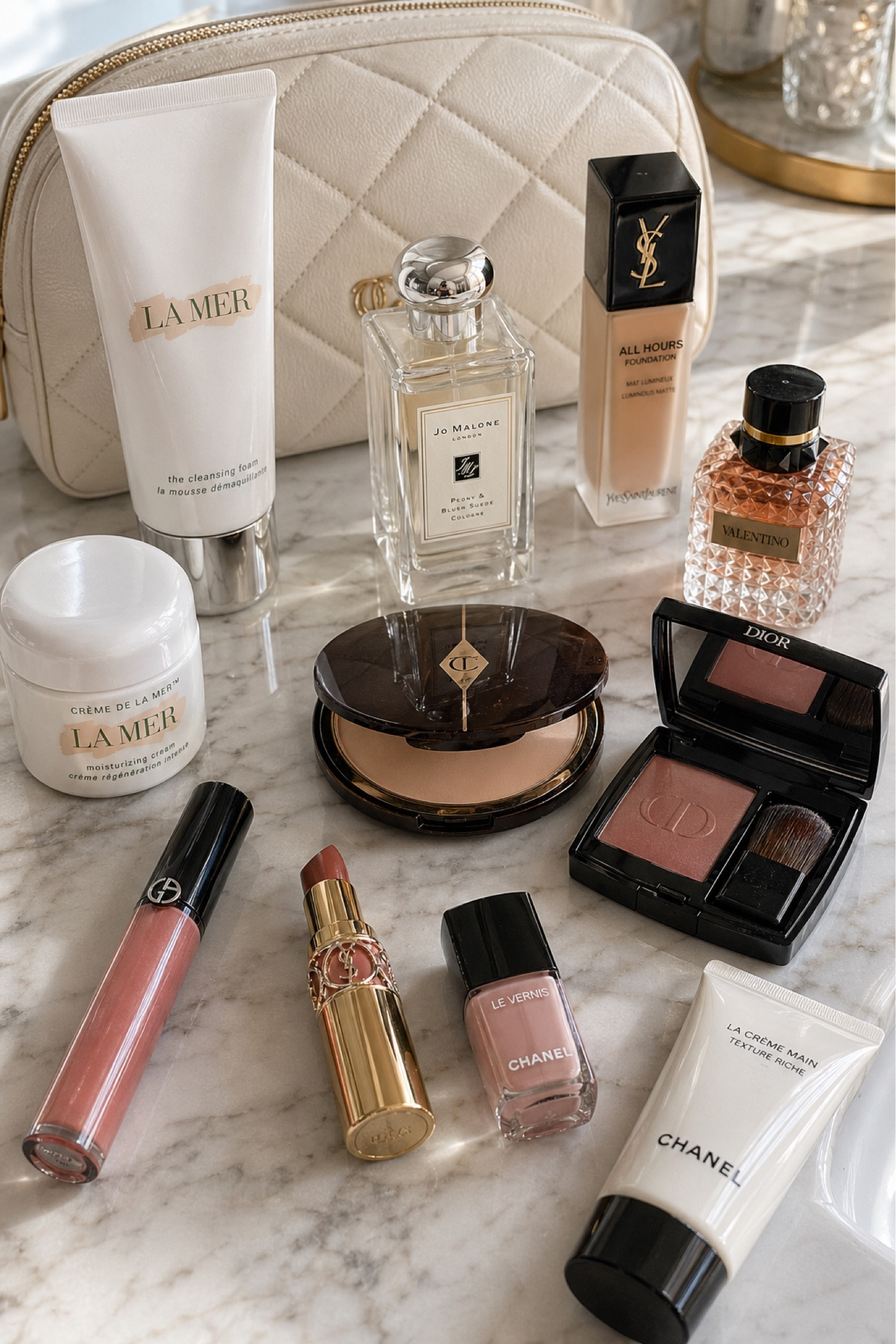 A few luxury beauty products that are permanently in my rotation lately ✨  

I’ve reached the point where I’d rather own fewer products I truly love instead of drawers full of things I never use. These are the ones I keep reaching for over and over again because they make getting ready feel effortless, polished and honestly just a little more elevated.  

Current favorites on my vanity:  
• La Mer Crème de la Mer  
• YSL All Hours Foundation  
• Charlotte Tilbury Airbrush Powder  
• Dior Rosy Glow Blush  
• Jo Malone Peony & Blush Suede  
• Valentino Donna Born in Roma  
• Chanel Le Vernis  
• Armani lip gloss  

The overall vibe lately is fresh skin, soft neutrals and that “put together without trying too hard” look.  

Which beauty product do you swear by enough to repurchase every single time?  

#LuxuryBeauty #BeautyFavorites #VanityGoals #EverydayMakeup #LuxuryMakeup #BeautyInfluencer #MakeupFavorites #NeutralAesthetic #ChanelBeauty #DiorBeauty 

#LTKmorningroutine #LTKselfcare #LTKBeauty