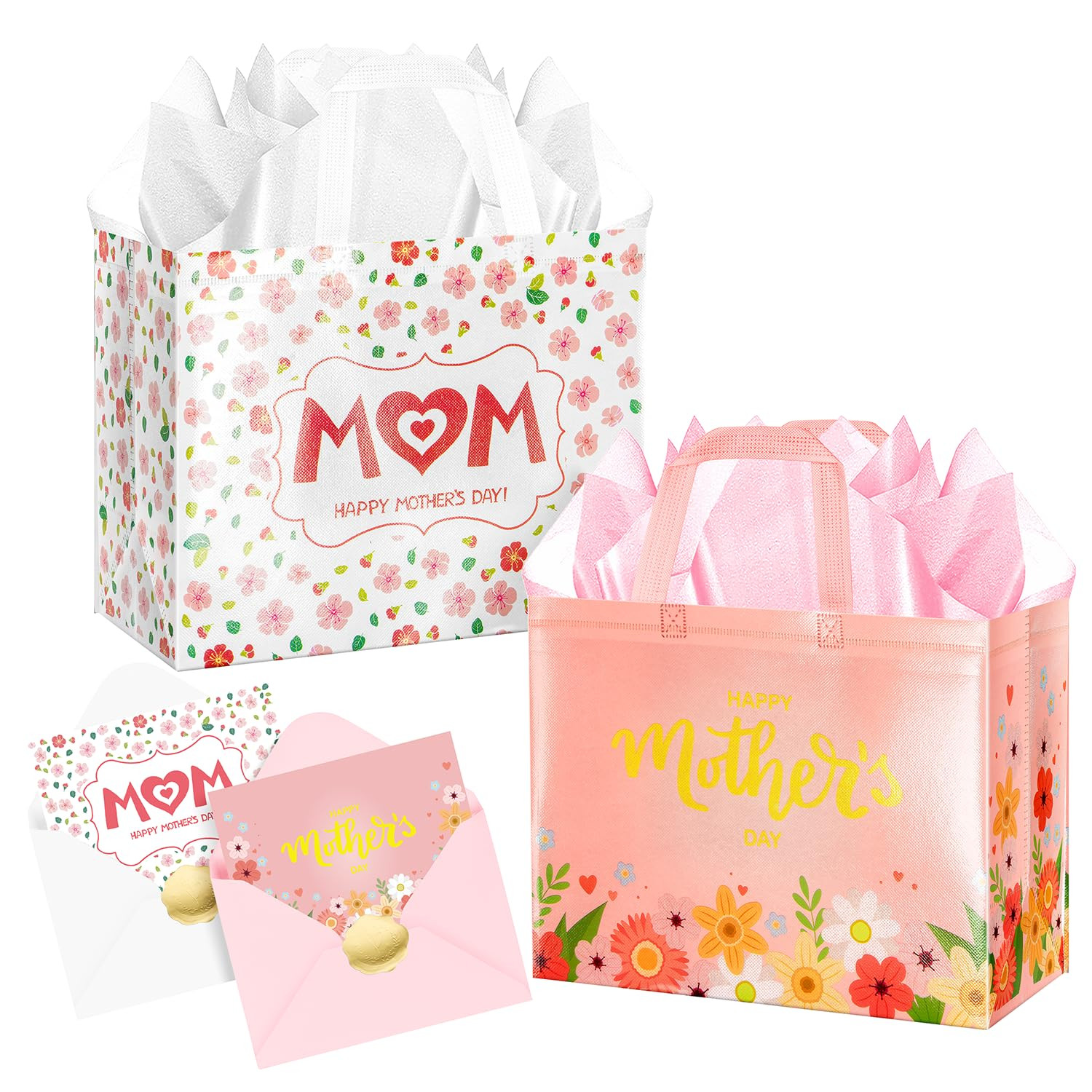 Jaywayang 2Pcs 12.6" Happy Mother's Day Gift Bags with Tissue Paper, Envelope and Card, Reusable ... | Amazon (US)