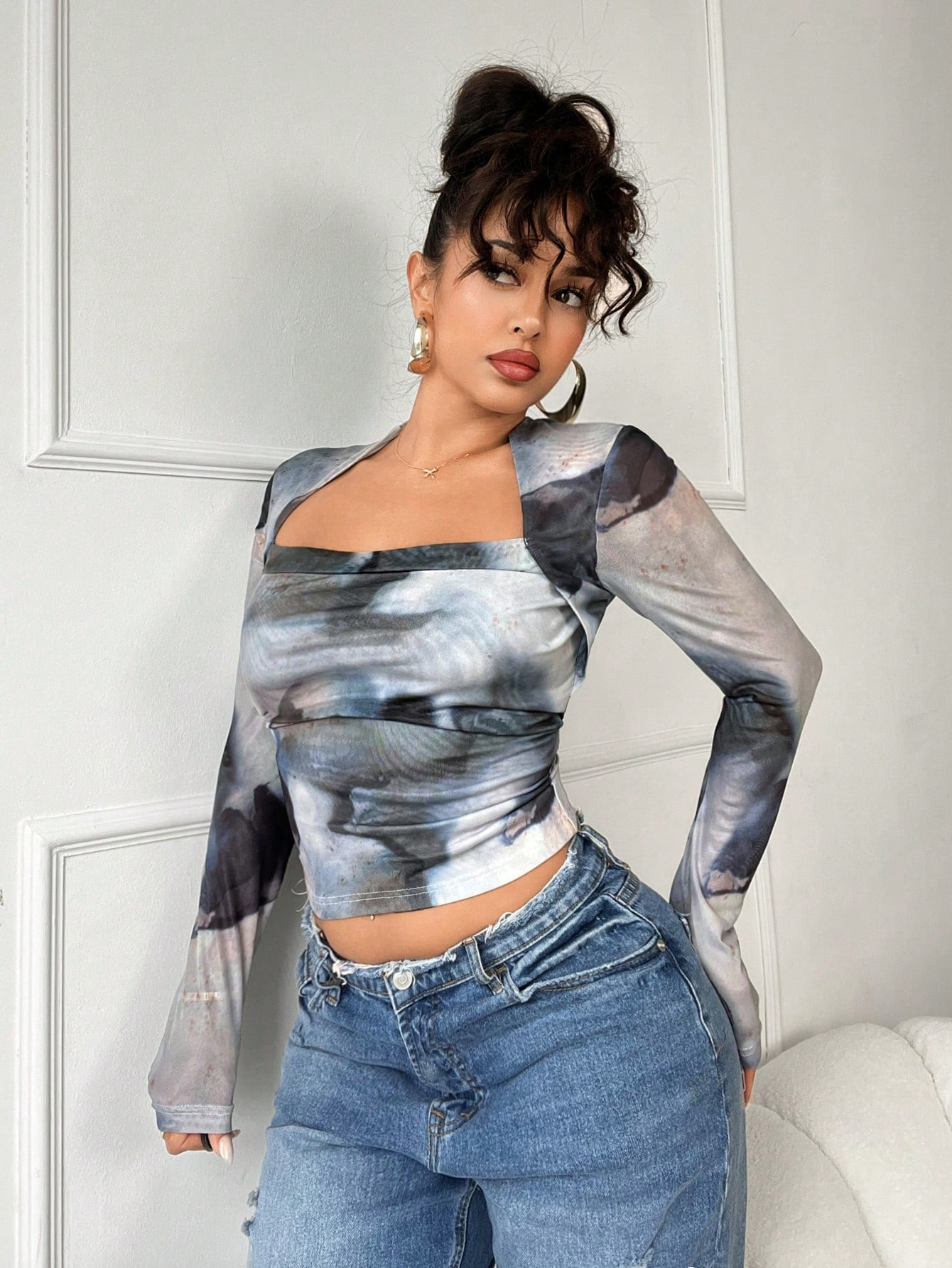 SHEIN SXY Plus Size Women Autumn Outing Mesh Tie-Dye Graphic Tee, Suitable For Fall & Winter, Whi... | SHEIN