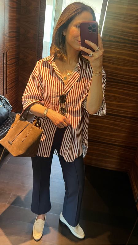 Outfit of the day! Casual chic for a long day of travel. 
Pistola oversized striped button up 
STAUD navy kick flare pant 
Koio white loafer
Little Liffner chocolate suede tote
Jenny bird round sunglasses 

#LTKshoecrush #LTKstyletip #LTKitbag