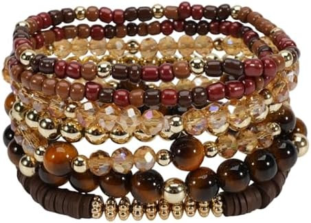 7Pcs Bohemia Multilayer Stackable Crystal Beaded Bracelet Set Multicolor Surfer Heishi Clay Gold ... | Amazon (US)