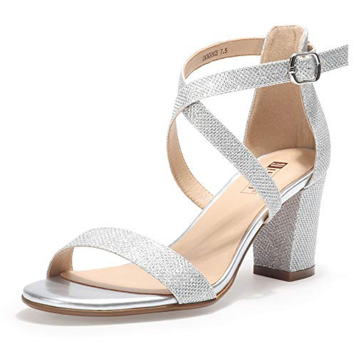 IDIFU Women's IN3 Grace Strappy Block Heels Sandals Comfy Open Toe Chunky Dress Wedding Shoes with Adjustable Cross Strap (Silver Glitter, 8 M US) | Amazon (US)