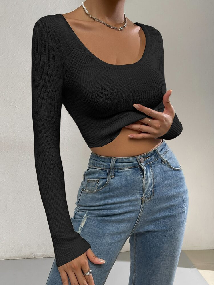 Solid Scoop Neck Crop Sweater | SHEIN
