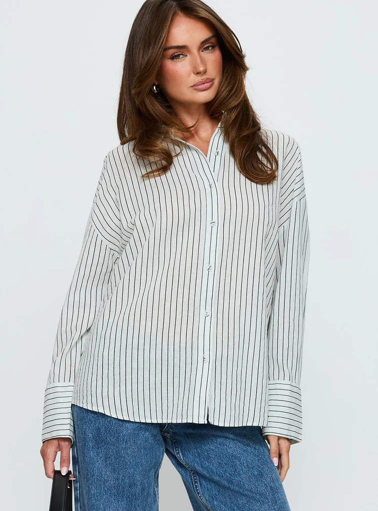 Alexi Long Sleeve Button Down Top Blue / Brown Stripe | Princess Polly US