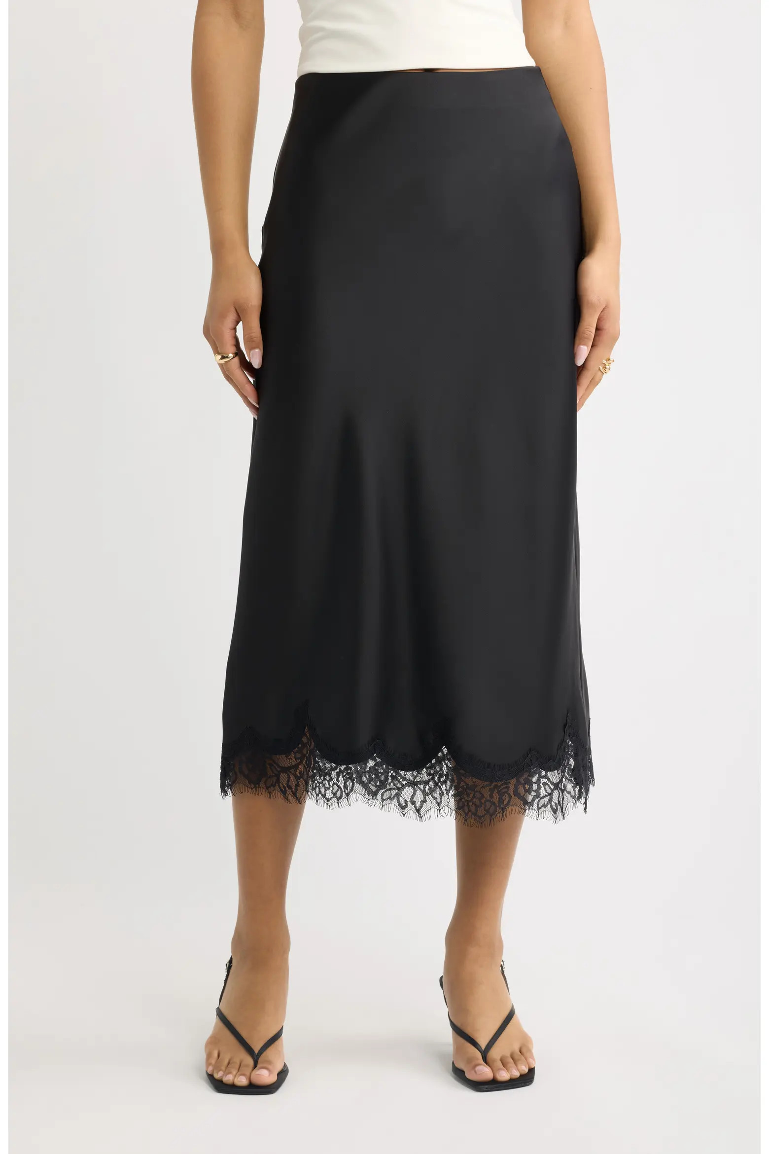 Open Edit Lace Trim Satin Midi Skirt (Women) | Nordstrom | Nordstrom