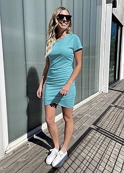 BTFBM Women's Summer Casual Beach Dresses Crew Neck Short Sleeve Ruched Stretchy Bodycon T Shirt ... | Amazon (US)