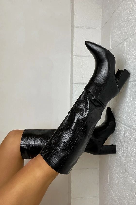 Katari Black Croc Pointed-Toe Knee High Boots | Lulus (US)