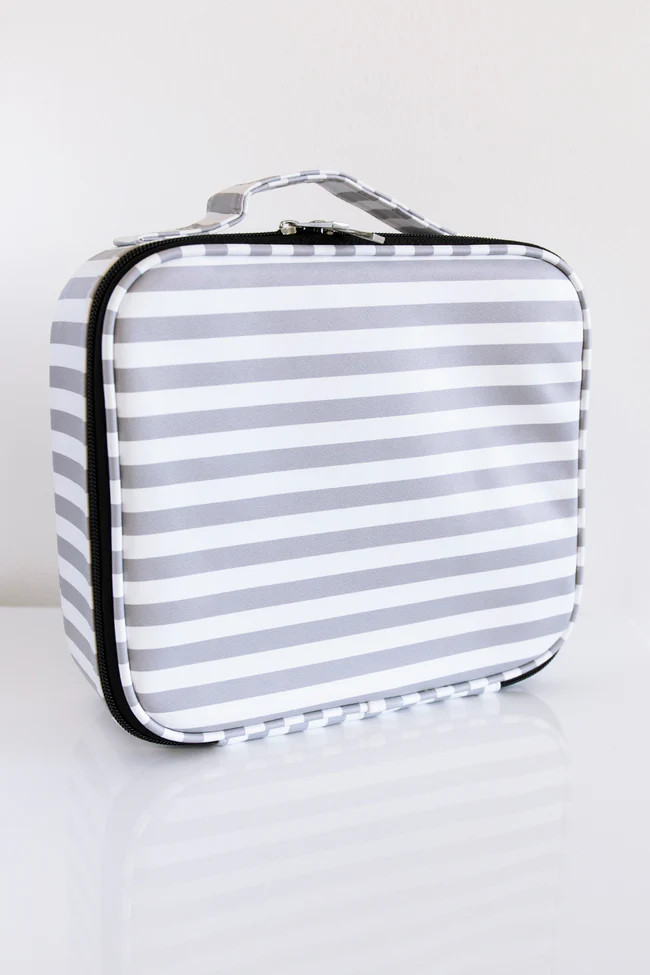 No Time To Spare Grey Stripe Makeup Bag FINAL SALE | The Pink Lily Boutique