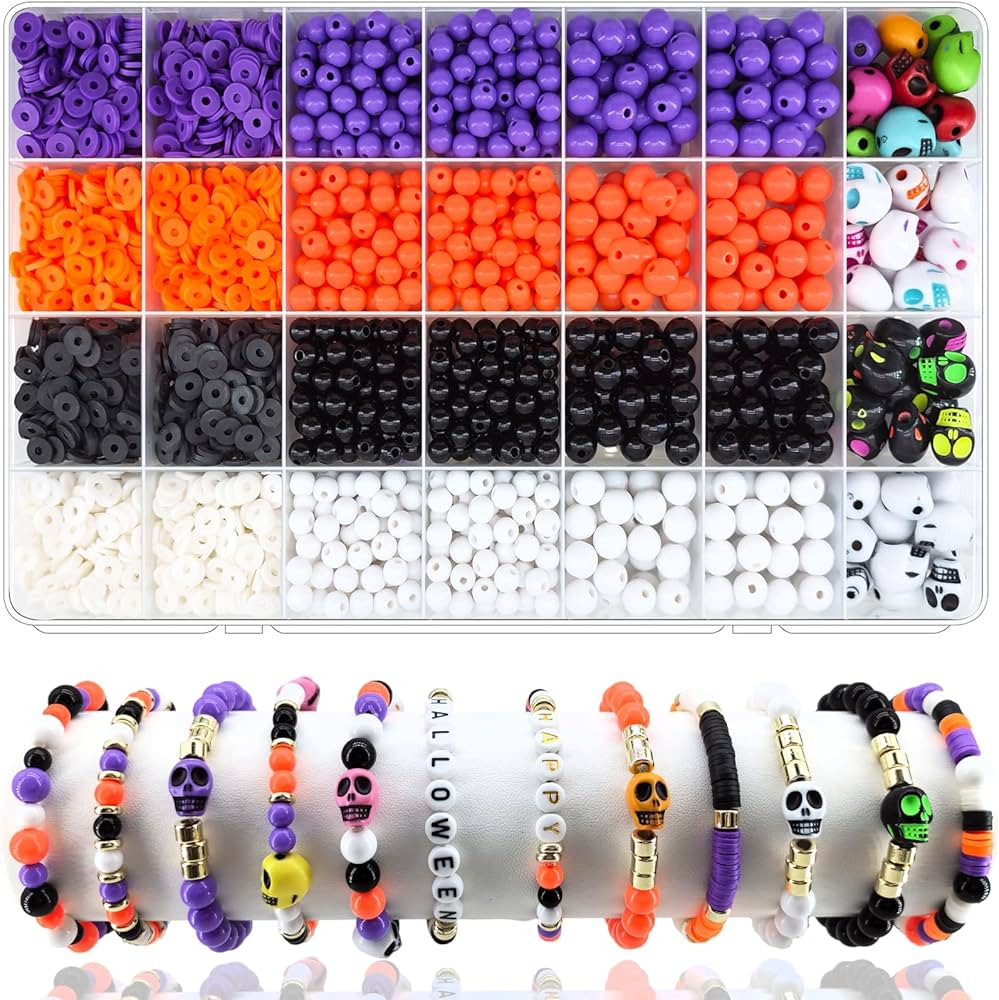 2480Pcs Halloween Beads for Jewelry Making, Halloween Bracelet Making Kit Skull Beads Polymer Cla... | Amazon (US)