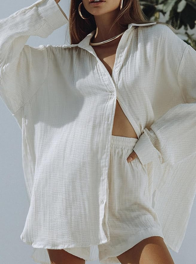 Fixmatti Women 2 Piece Outfits Long Sleeve Button Down Blouse and Shorts Sweatsuit Sets | Amazon (US)