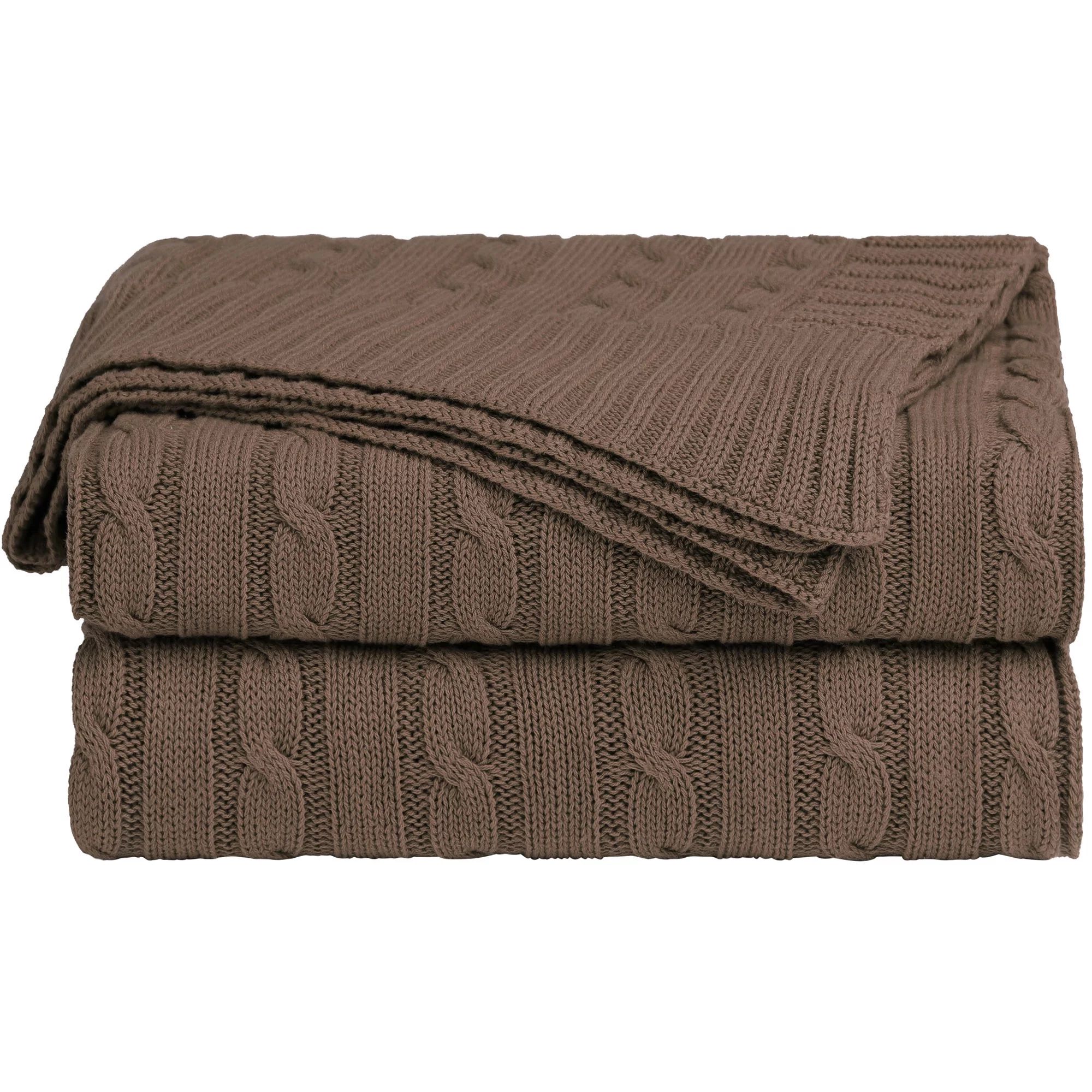 PiccoCasa Soft Warm Cotton Cable Knit Throw Blanket, 47" x 70", Brown, Machine Washable | Walmart (US)