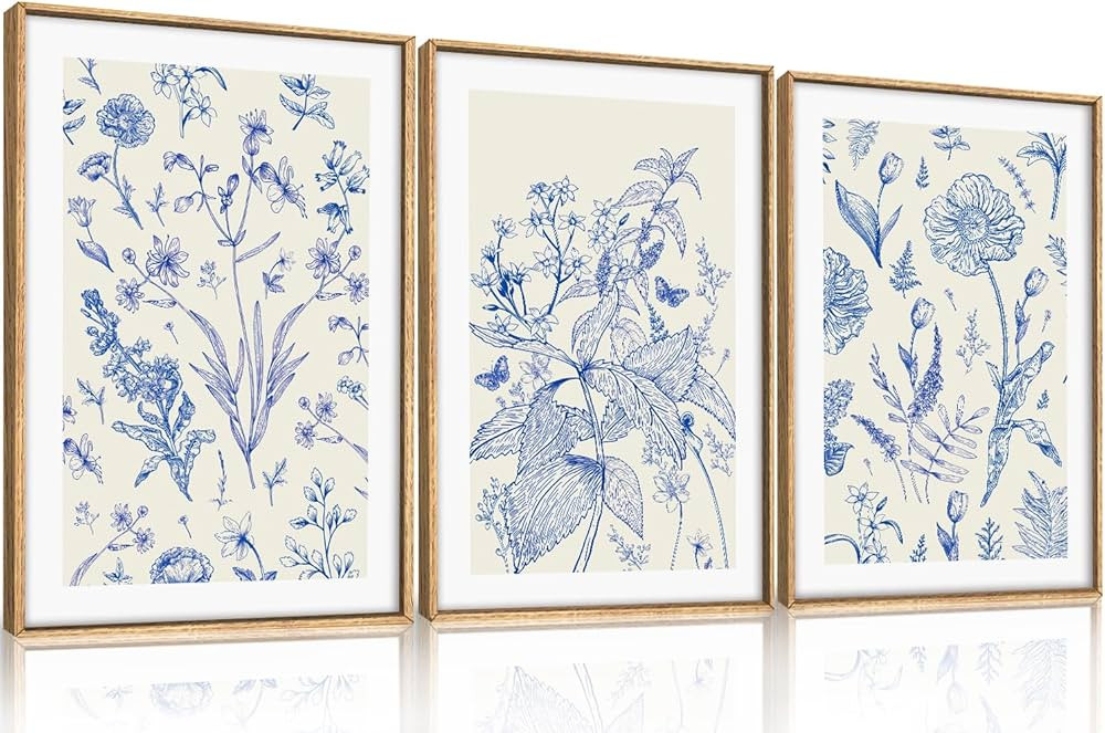 KAIRNE Classic Chinoiserie Framed Canvas Wall Art Set, Blue Watercolor Flower Wall Decor, Blue an... | Amazon (US)