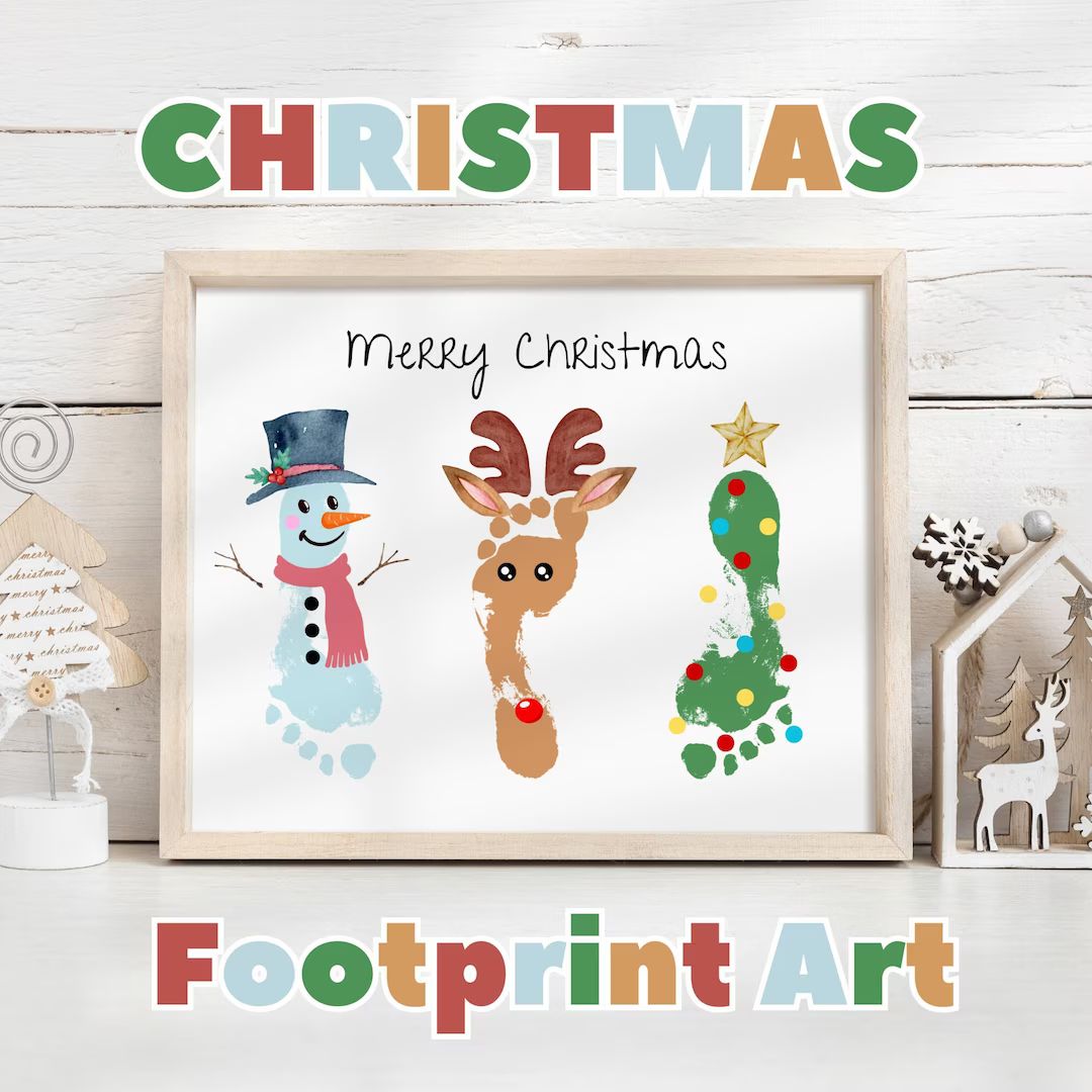 Printable Christmas Footprint Art Reindeer Snowman - Etsy | Etsy (US)