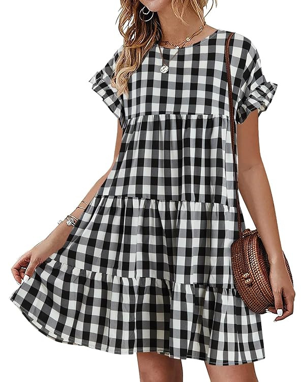 Chuanqi Womens Ruffles Boho Floral Printed Babydoll Loose Swing Casual Short Mini T-Shirt Dress | Amazon (US)