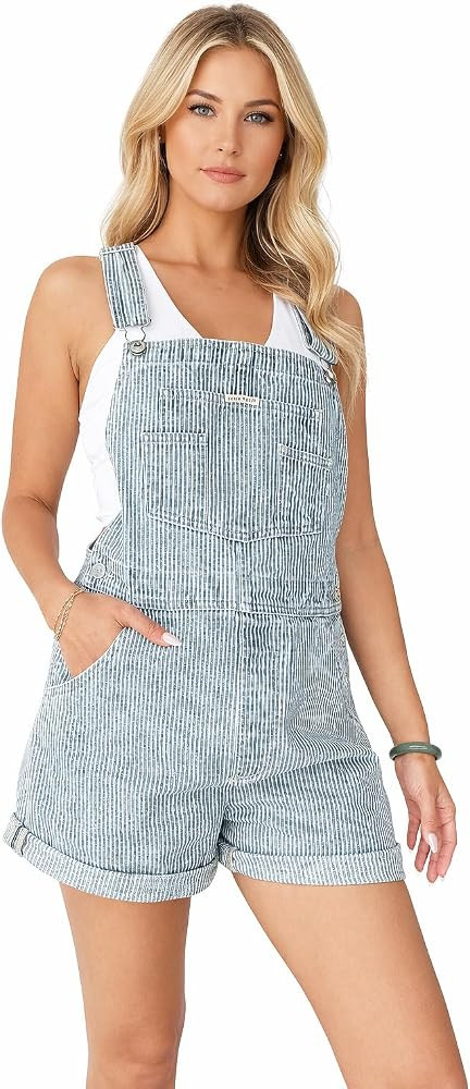 Womens Railroad Pinstripe Boyfriend Fit Short Overalls | Amazon (US)