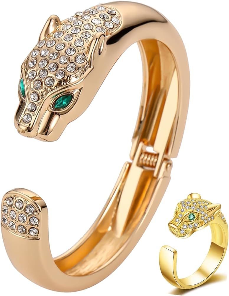 Gold Panther Bracelet & Panther Ring - Gold Cuff Bracelets for Women Sparkling Crystal Leopard Ri... | Amazon (US)