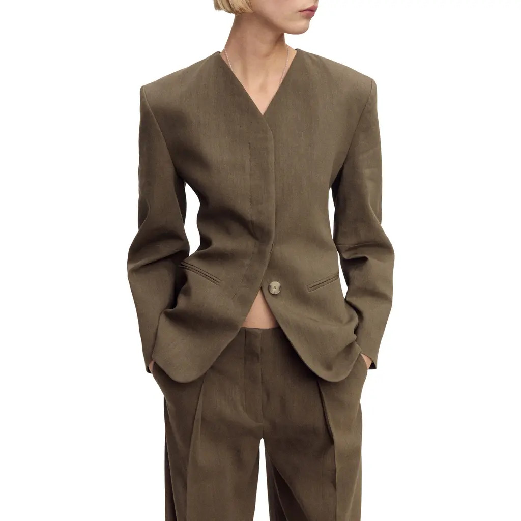 MANGO Seamless Linen Blend Blazer in Khaki Green at Nordstrom, Size X-Small | Nordstrom