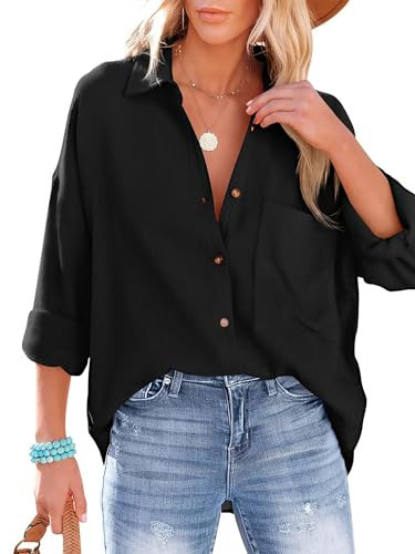 Scacto Women's Button Down Shirts Drop Shoulder Long Sleeve Button Up Shirt with Pocket Black | Amazon (US)