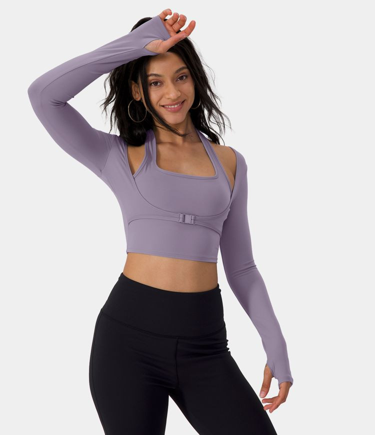 Women’s Cloudful™ Fabric Halter Thumb Hole Long Sleeve Cropped 2-in-1 Yoga Sports Top - HALAR... | HALARA
