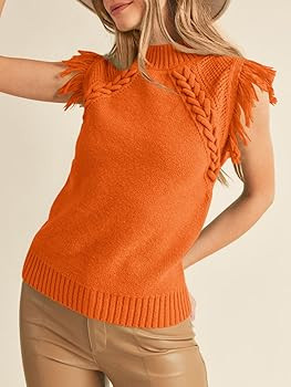 Saodimallsu Womens Sleeveless Sweater Vest Mock Neck Cable Knit Fringe Cap Sleeve Boho Trendy Pul... | Amazon (US)