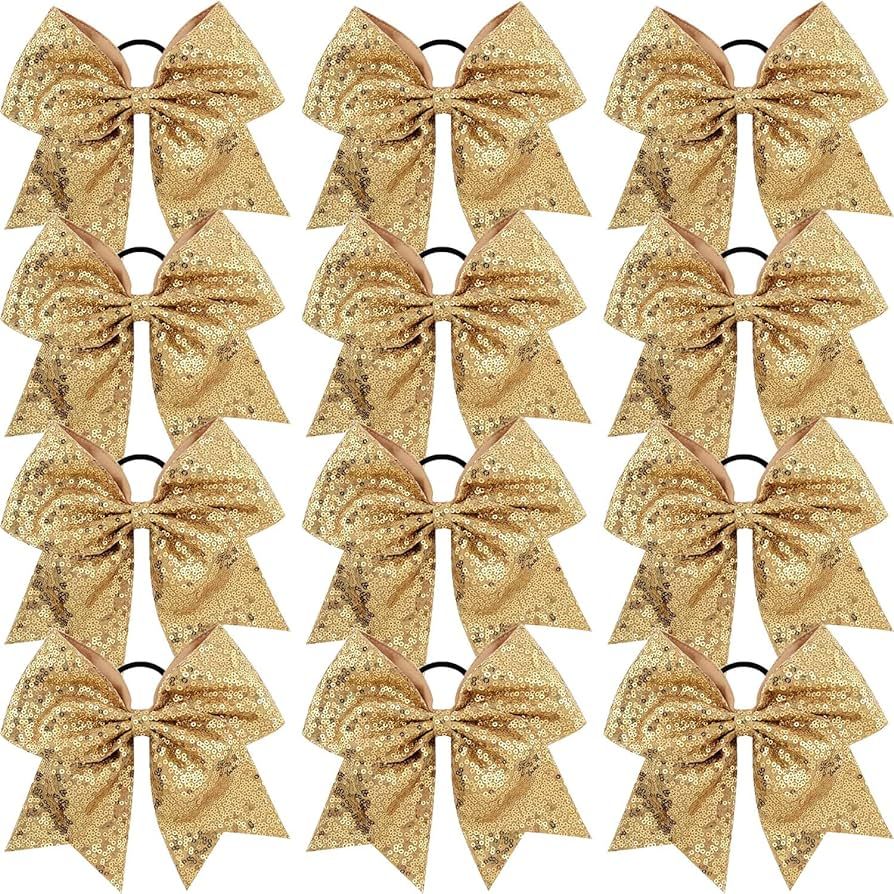 12 Pieces Cheer Bows Glitter Gold Jumbo 8 Inch Cheerleading Bow Large Hair Bows with Elastic Pony... | Amazon (US)