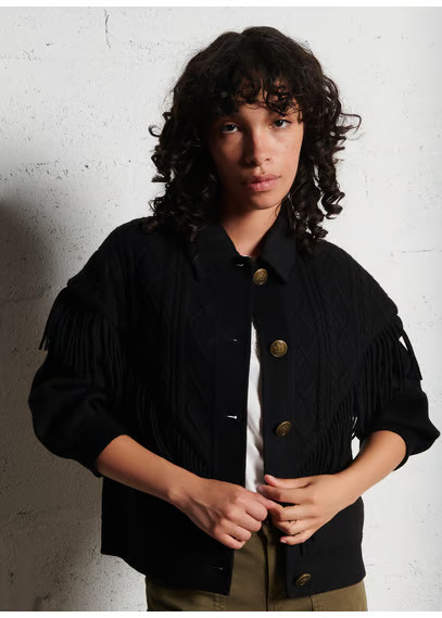 VESTE AMPLE à FRANGES EN LAINE MéLANGéE NOIR MAISON 123 - FEMME | Place des Tendances | Place des tendances (FR)