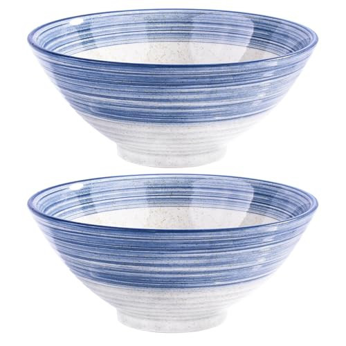 Whitenesser 2-Piece Japanese Ramen Bowl Set, 8.3" Large Ceramic Bowls for Ramen, Udon, Soba & Pho, Hand-Painted Blue Spiral Stripe Stoneware, Microwave & Dishwasher Safe | Amazon (US)