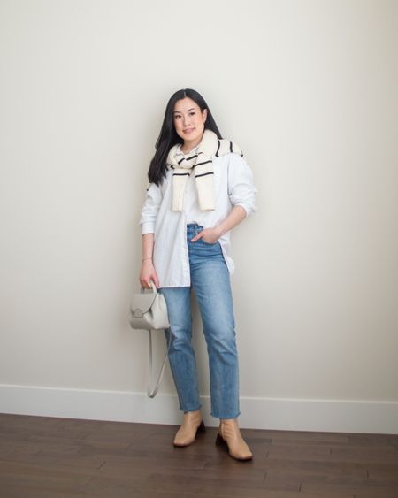 A smart casual outfit featuring ABLE shirt XS, Kotn longsleeve S, Denim Forum jeans 25, Tradlands sweater XS. Unavailable to link: L’intervalle boots (linked similar)

#LTKSeasonal #LTKstyletip #LTKfindsunder100