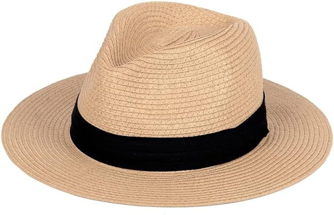 Straw Panama Hat for Women Beach Hats Summer Sun Wide Brim Floppy Fedora Cap UPF50+ | Amazon (US)