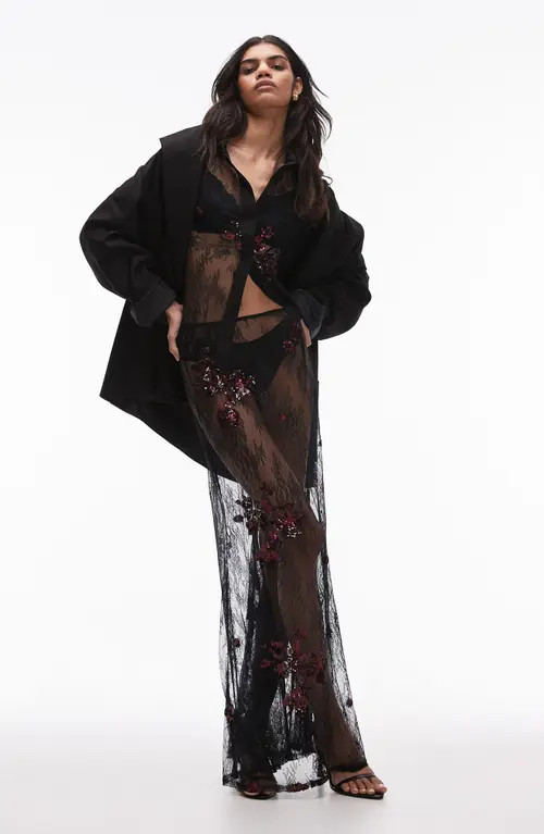 Topshop Sequin Embellished Sheer Lace Maxi Skirt in Black at Nordstrom, Size 2 Us | Nordstrom
