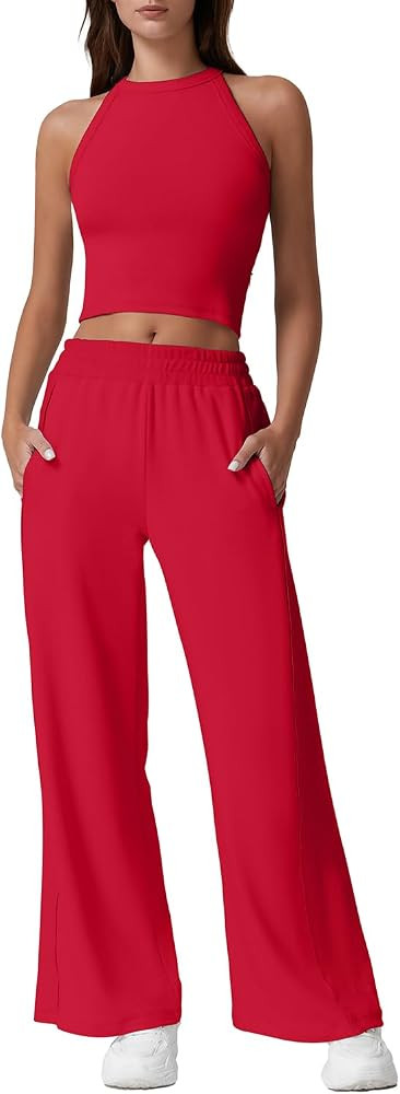 QINSEN Women's 2 Piece Sets Summer Ribbed Knit Crop Tank Tops Wide Leg Pants Sleeveless Tracksuit | Amazon (US)