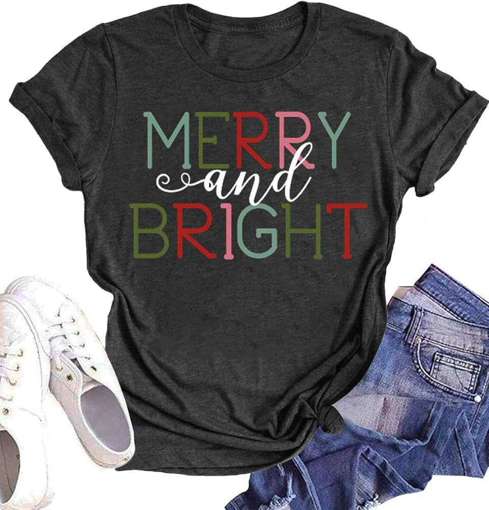 Woffccrd Womens Funny Christmas Shirts Merry and Bright T-Shirts Christmas Tree Shirts Merry Chri... | Amazon (US)