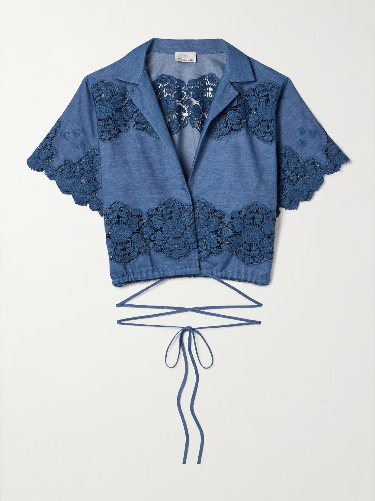 MIGUELINA - Brooklyn Guipure Lace-trimmed Cotton-chambray Wrap Top - Blue | NET-A-PORTER (US)