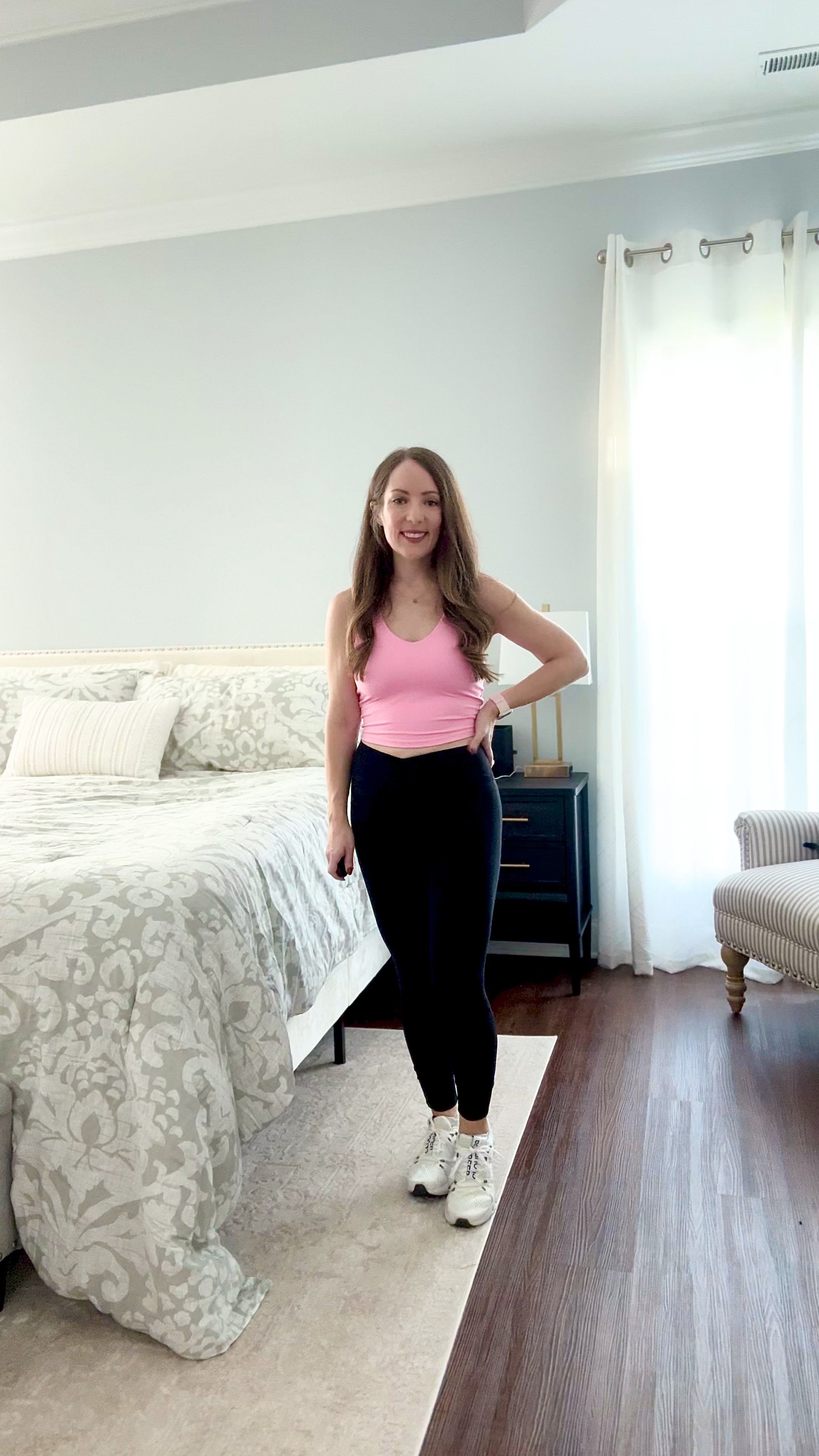 My activewear is on sale this weekend!
Wearing size small in the top and girls size large in the leggings. I size up half a size in the On sneakers  