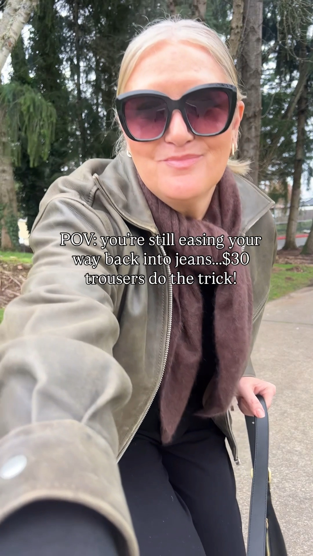 Some of us are still easing our way back into jeans so far this year 😉 my favorite trousers are the perfect option for a loose comfy chic look! And…they’re one $30 right now! 
Trousers are large, I sized up for a looser fit and length! 
Jacket size small

Trousers, new year, chic outfit, over50 style, over 40, midlife women, ootd