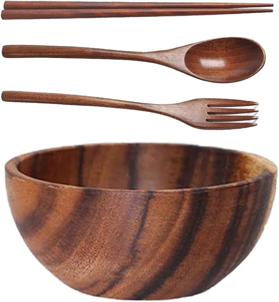 Kopida Large Acacia Wood Round Serving Bowl with Utensils Wooden Forks and Spoons for Fruit Salad... | Amazon (US)